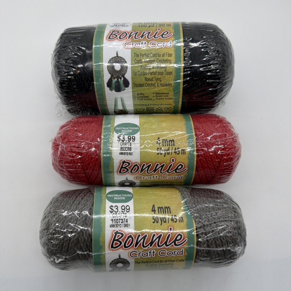 Bonnie Macramé Craft Cord 4mm Lot Of 3 Red Black Smoke Gray NEW 6 Super Bulky